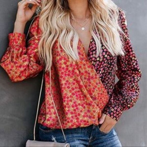 Tops - Floral Red Multicolored Boho Twisted Wrap Blouse Shirt Size Small